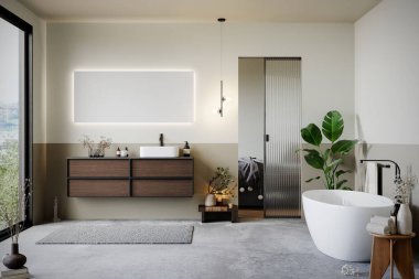Modern minimalist banyo iç mimarisi, pastel dekorasyon konsepti, içi bitkilerle dolu modern ahşap banyo mobilyaları. 3d oluşturma