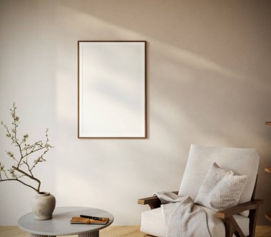 Minimalist iç planda minimalist bir tuval modeli. Koltuk ve kırsal dekorasyonla. Ön manzara. 3d oluşturma