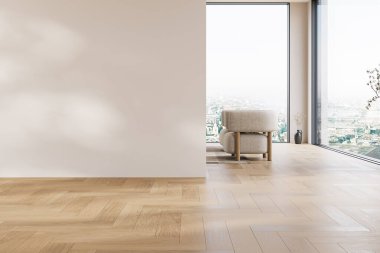 Dairenin, mutfağın, adanın modern iç tasarımı, bej duvarlı boş oturma odası, panorama.