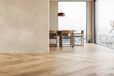 Dairenin, mutfağın, masa ve sandalyeli yemek odasının modern iç tasarımı, bej duvarlı boş oturma odası, panorama.