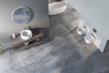 Modern minimalist banyo, modern banyo dolabı, lavabo, mermer kaplama, iç tesisler, banyo aksesuarları, küvet, tuvalet, gri tonlu duvarlar, beton zemin. 3d Hazırlama