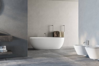 Modern minimalist banyo, modern banyo dolabı, lavabo, mermer kibir, iç tesisler, banyo aksesuarları, küvet, tuvalet, gri tonlu duvarlar, beton zemin. 3d Hazırlama