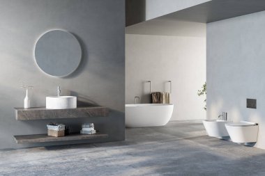 Modern minimalist banyo, modern banyo dolabı, lavabo, mermer kibir, iç tesisler, banyo aksesuarları, küvet, tuvalet, gri tonlu duvarlar, beton zemin. 3d Hazırlama