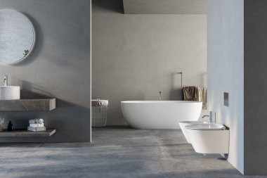 Modern minimalist banyo, modern banyo dolabı, lavabo, mermer kibir, iç tesisler, banyo aksesuarları, küvet, tuvalet, gri tonlu duvarlar, beton zemin. 3d Hazırlama
