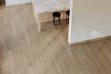 Boş oda yüzeylerinin yakın plan detayları: açık ahşap zemin ve beyaz mermer mutfak tezgahı. Temiz, minimalist arka plan alanı. 3d Hazırlama