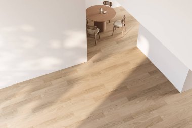 Mimari açıdan tepeden tırnağa aydınlık ahşap zemin ve yemek odası geçişi sergileniyor. Tasarım kavramları ve reklamcılık için mükemmel bir doku arka planı. 3d Hazırlama