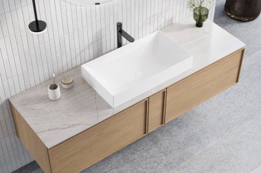 Üstünde bir vazo çiçek olan bir banyo lavabosu. 3d Hazırlama