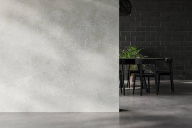 Dairenin modern iç tasarımı, beton döşemesi, penceresi ve çeşitli mobilyalar ve ev dekorları için uygun panorama. 3d oluşturma