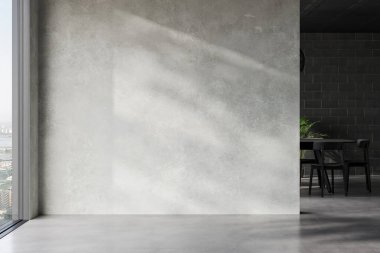 Dairenin modern iç tasarımı, beton döşemesi, penceresi ve çeşitli mobilyalar ve ev dekorları için uygun panorama. 3d oluşturma