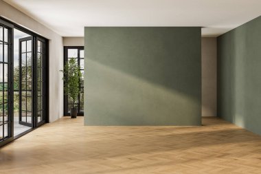 Modern boş oda içi bilge yeşil duvarlar, herringbone ahşap zemin ve büyük pencereler, 3D kaplama