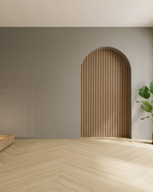 Boş modern japandi iç mimarisi ahşap kemer kaplamalı ve ringa kemiği zeminli 3D gerçekçi.