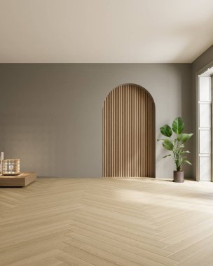 Minimalist boş oda, ahşap kemer tasarımı ve güneş ışığı 3D ev yapımı.