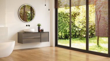 Modern minimalist banyo iç mimarisi bahçe manzaralı ve gösteriş ünitesi gerçekçi 3D görüntüleme