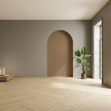 Boş Japon iç tasarımı ahşap kemer duvarı ve yeşil bitkinin gerçekçi 3D görüntüsü.