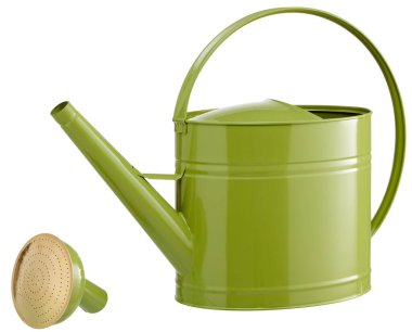 Sökülebilir duş başlığıyla yeşil alüminyum sulama kutusu kesme yolu ile izole edilmiş beyaz arkaplan