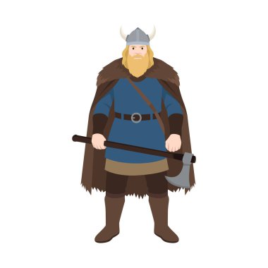 Boynuzlu miğferi, kürk pelerini, savaş baltası, İskandinav tarihi ve kültürü olan Viking savaşçısı. Düz vektör çizimi beyaz arkaplanda izole edildi
