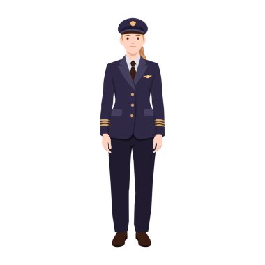 Profesyonel havayolu üniformalı pilot, şapkası ve resmi kıyafetiyle güvenle ayakta duruyor. Düz vektör çizimi beyaz arkaplanda izole edildi