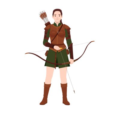 Orta çağ zırhlı kadın okçu sırtında ok ve yay olan bir ok tutuyor. Düz vektör çizimi beyaz arkaplanda izole edildi