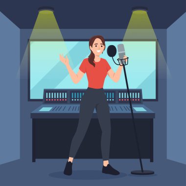 Woman recording vocals in a professional music studio with microphone and sound mixer. Flat vector illustration isolated on white background