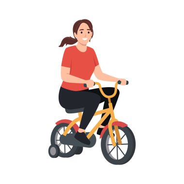 Woman riding a small yellow tricycle with training wheels. Flat vector illustration isolated on white background
