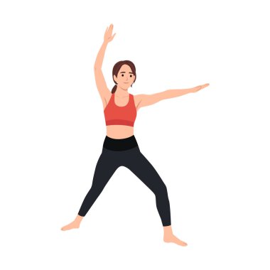 Yoga yapan kadın esneme hareketi yapıyor. Düz vektör çizimi beyaz arkaplanda izole edildi