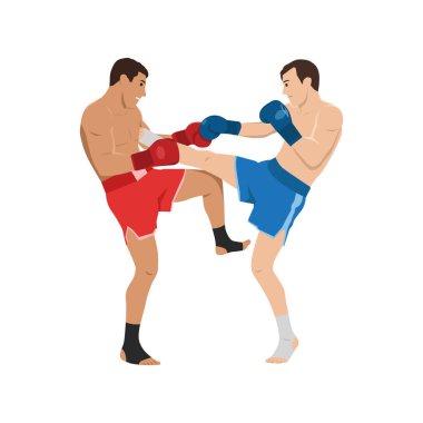 Kickbox Maç Dövüşçüleri iş başında. Düz vektör çizimi beyaz arkaplanda izole edildi