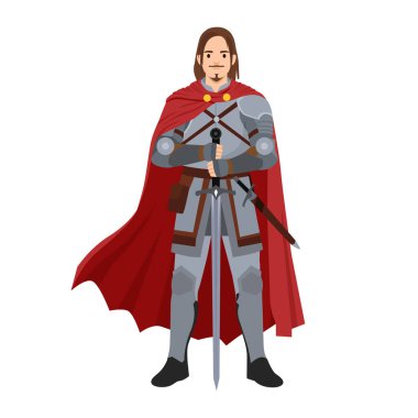 Cesur ortaçağ şövalyesi gümüş zırhı ve kırmızı peleriniyle gururla ayakta duruyor, elinde dik bir kılıç tutuyor. Düz vektör çizimi beyaz arkaplanda izole edildi