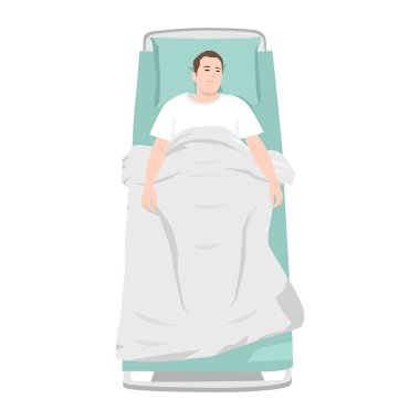 Adam hastane yatağında yatıyordu, battaniyeyle örtülüydü ve iyi görünmüyordu ya da iyileşiyordu. Düz vektör çizimi beyaz arkaplanda izole edildi