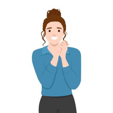 Elleri sımsıkı sarılmış, mutluluğu ifade eden neşeli bir kadın. Düz vektör çizimi beyaz arkaplanda izole edildi