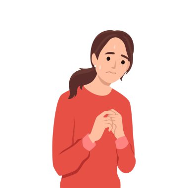 Endişeli Kadın Terliyor ve Gergin Hissediyor. Düz vektör çizimi beyaz arkaplanda izole edildi