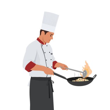 Alevli Tavayla Profesyonel Aşçı. Düz vektör çizimi beyaz arkaplanda izole edildi