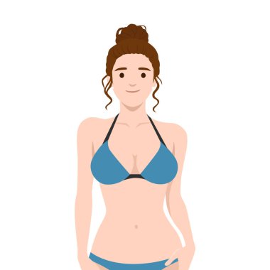 Rahat ve neşeli bir ifadeyle mavi bir bikini giyen genç bir kadın. Düz vektör çizimi beyaz arkaplanda izole edildi
