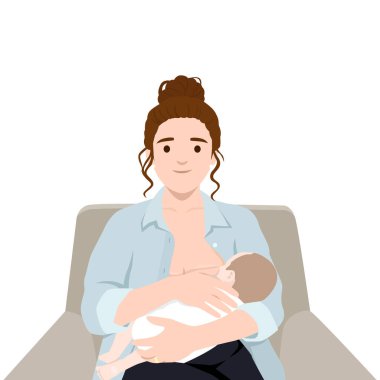 Anne evde bebeği emziriyor. Düz vektör çizimi beyaz arkaplanda izole edildi