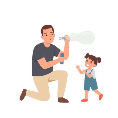 Baba, Kızıyla Oynayan Sabun Baloncukları. Düz vektör çizimi beyaz arkaplanda izole edildi