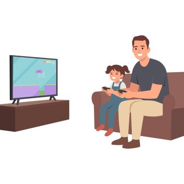 Baba ve kızı evde birlikte video oyunları oynuyorlar. Düz vektör çizimi beyaz arkaplanda izole edildi
