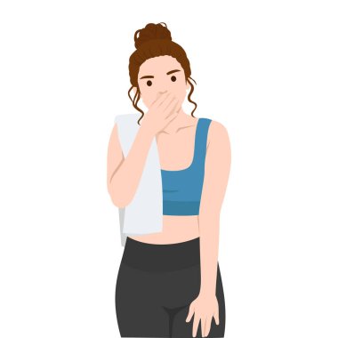 Sportif Kadın antremandan sonra burnunu kapatıyor. Düz vektör çizimi beyaz arkaplanda izole edildi