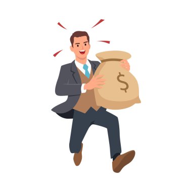 Para çantasıyla koşan mutlu iş adamı. Düz vektör çizimi beyaz arkaplanda izole edildi