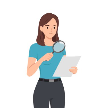 Büyüteçle Genç Kadın Analiz Belgesi. Düz vektör çizimi beyaz arkaplanda izole edildi