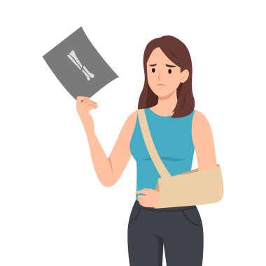 Kol askısı olan yaralı kadın X-Ray sonucunu tutuyor. Düz vektör çizimi beyaz arkaplanda izole edildi