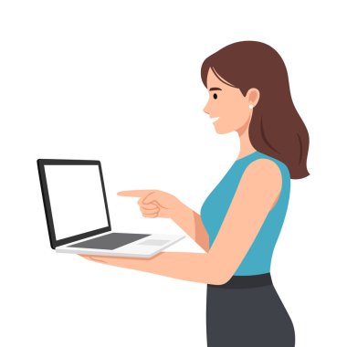 İş kadını dizüstü bilgisayarı tutuyor ve yandan ekranı işaret ediyor. Düz vektör çizimi beyaz arkaplanda izole edildi