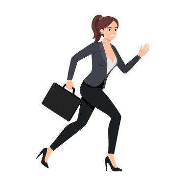 Ofis Giysilerinde Evrak Çantasıyla Geç Kalan Stresli İş Kadını. Düz vektör çizimi beyaz arkaplanda izole edildi