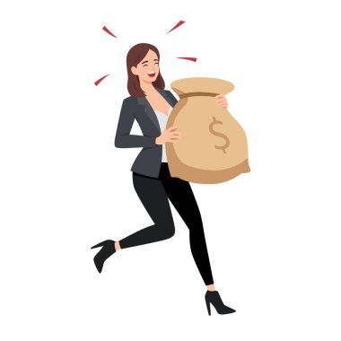 Para Çantası Taşıyan Mutlu İş Kadınları Finansal Başarıyı Sembolize Ediyor. Düz vektör çizimi beyaz arkaplanda izole edildi