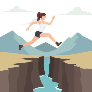 Kanyon Geçidi 'nden Atlayan Kadın. Meydan okumanın üstesinden gelmek ve Risk Almak. Düz vektör çizimi beyaz arkaplanda izole edildi