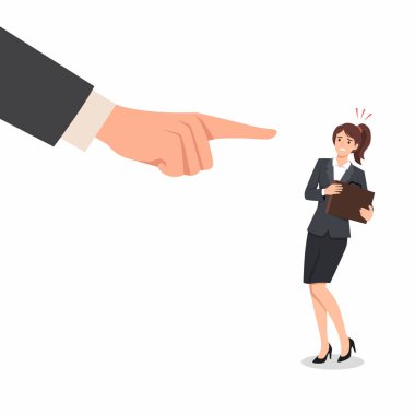 Patrondan korkan bir iş kadını tarafından işaret ediliyor. Düz vektör çizimi beyaz arkaplanda izole edildi