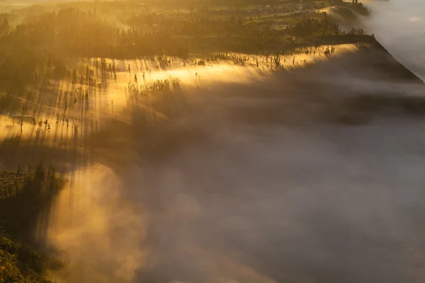 Sunrise Mountains.Asia Nature Morning Volcano Viewpoint.Mountain Trekking,View Landscape Valley Bali Village. Nobody photo. Horizontal picture.The first rays of the rising sun.White Fog Jungle Forest. — Stock Photo, Image