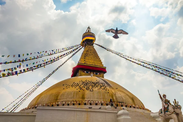 Photo de Boudhanath Stupa dans la vallée de Katmandou, colombe dans le ciel Népal. Horizontal . — Photo