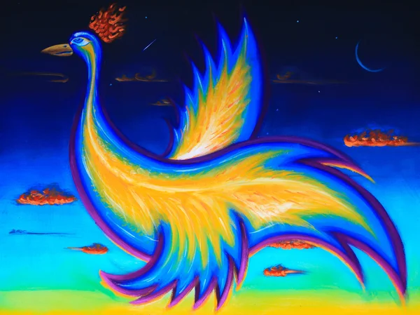 Arte originale, pittura acrilica di uccello fenice, volare nel cielo notturno . — Foto Stock