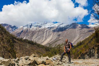 Manzara Himalaya Dağ Arka Plan.Yürüyüş Himalayalar Güzel Görünüm Panorama.End Yaz Sezonu . Yeşil Threes Bulutlu Mavi Gökyüzü Dağlık Rocks.Man Travelers Backpacker Image.Horizontal.