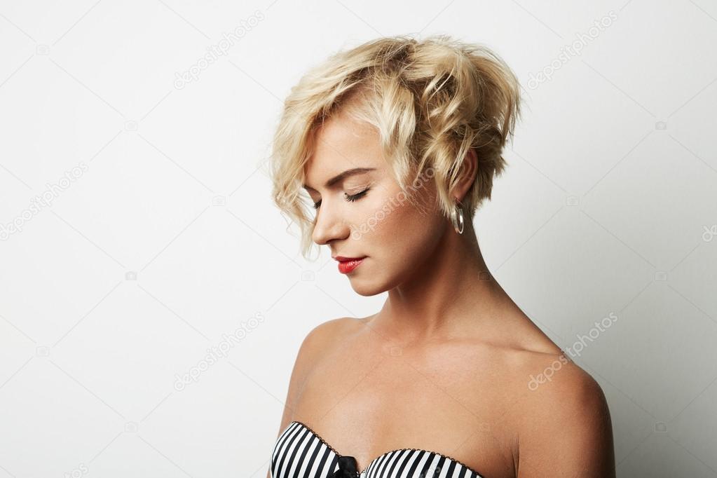 Portrait Handsome Young Woman Blonde Hair Wearing Dress Empty