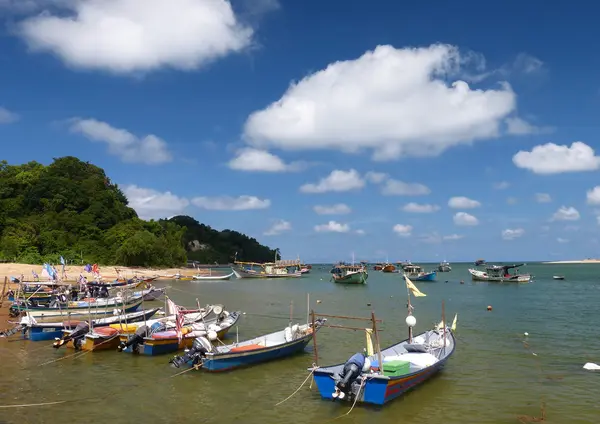 Açık mavi gökyüzü altında sakin balıkçı köyü motorlu sürat tekneleri demirli.